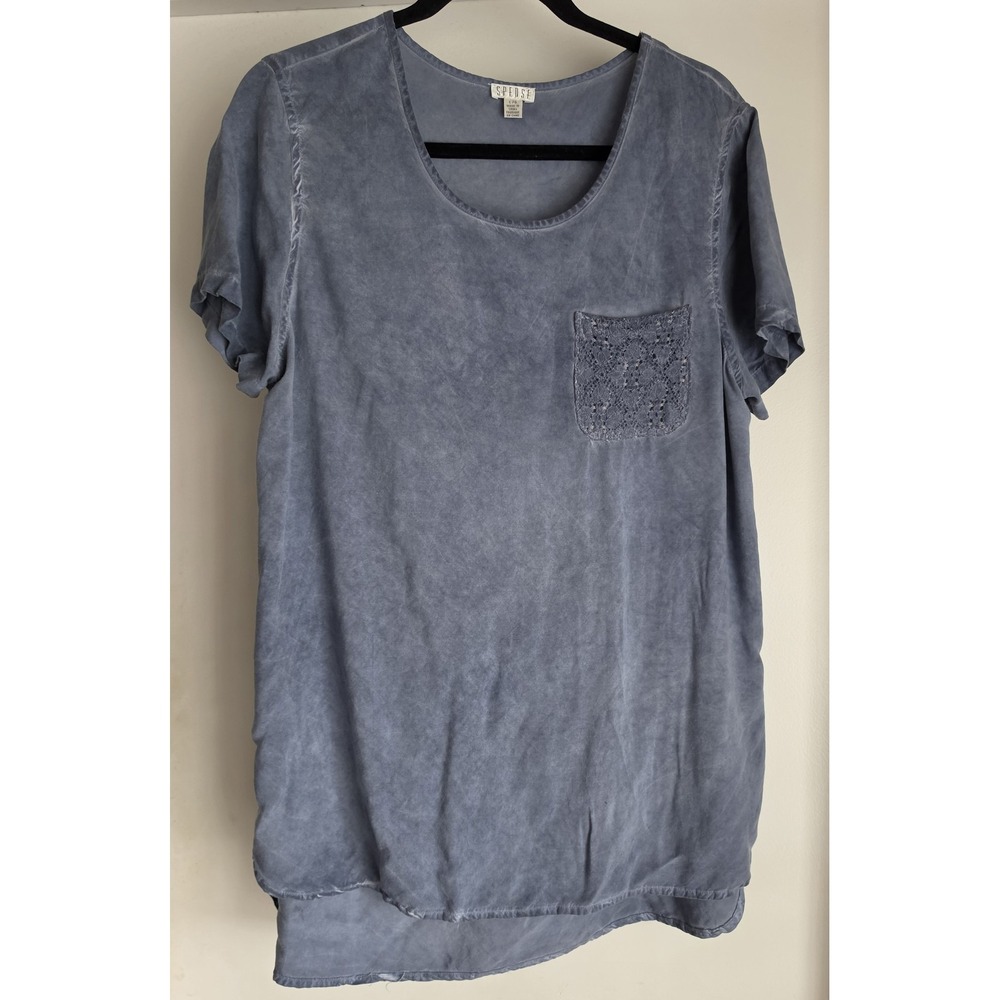 Spense Blouse Women's L Blue Short Sleeve Top Shirt Tunic Acid Wash Lace Hi-Lo